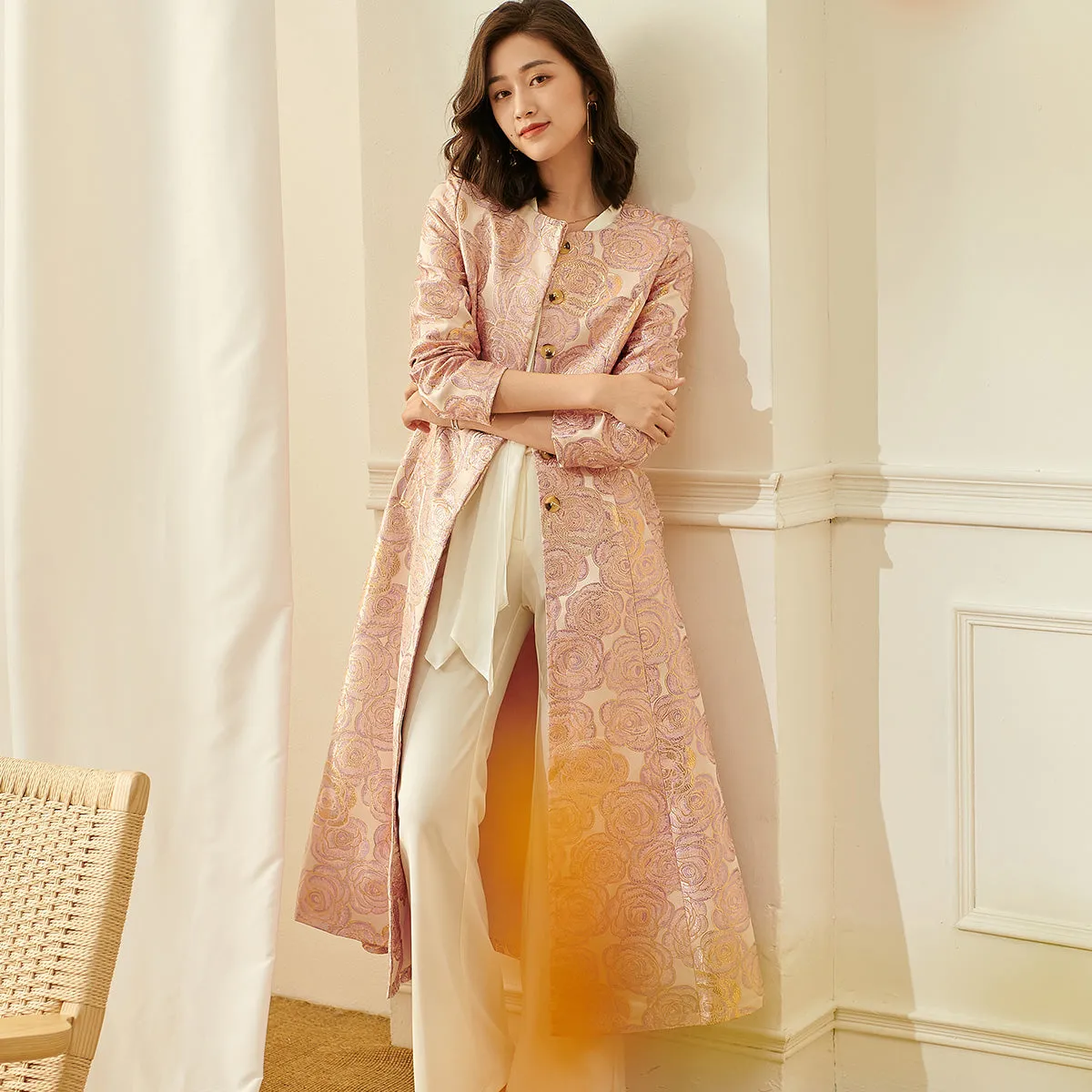 Luxury nude pink gold jacquard embroidery rose long exquisite coat- Nia