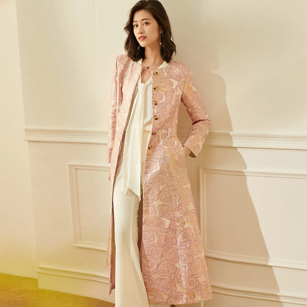 Luxury nude pink gold jacquard embroidery rose long exquisite coat- Nia