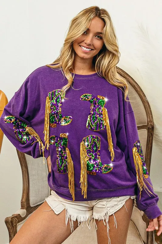Mardi Gras Fringed Pullover with Sequin Boots