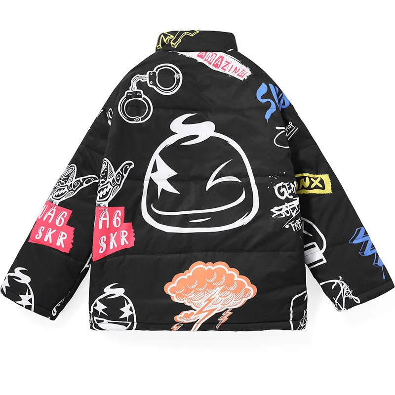 Minimalist Cartoon Letter Graffiti Print Stand Collar Padded Coat