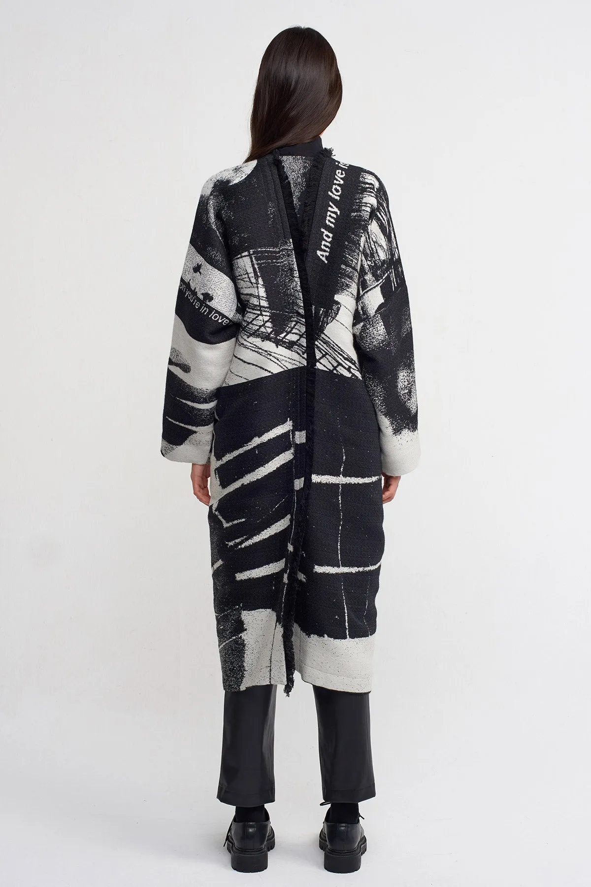 Nu Print Pattern Kimono Coat Black
