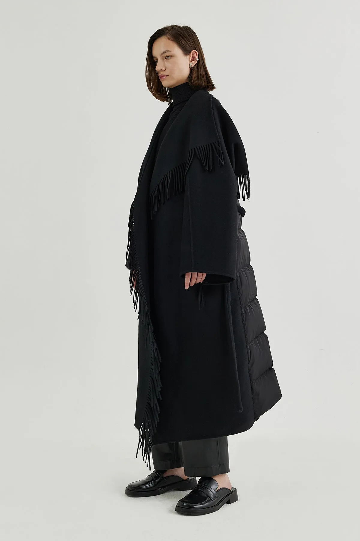 Quilted down-back double-faced wool fringed coat