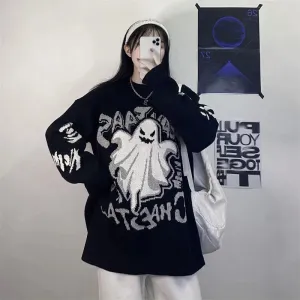 Vintage Horror Sweater - Oversized Cartoon Halloween Print Pullover