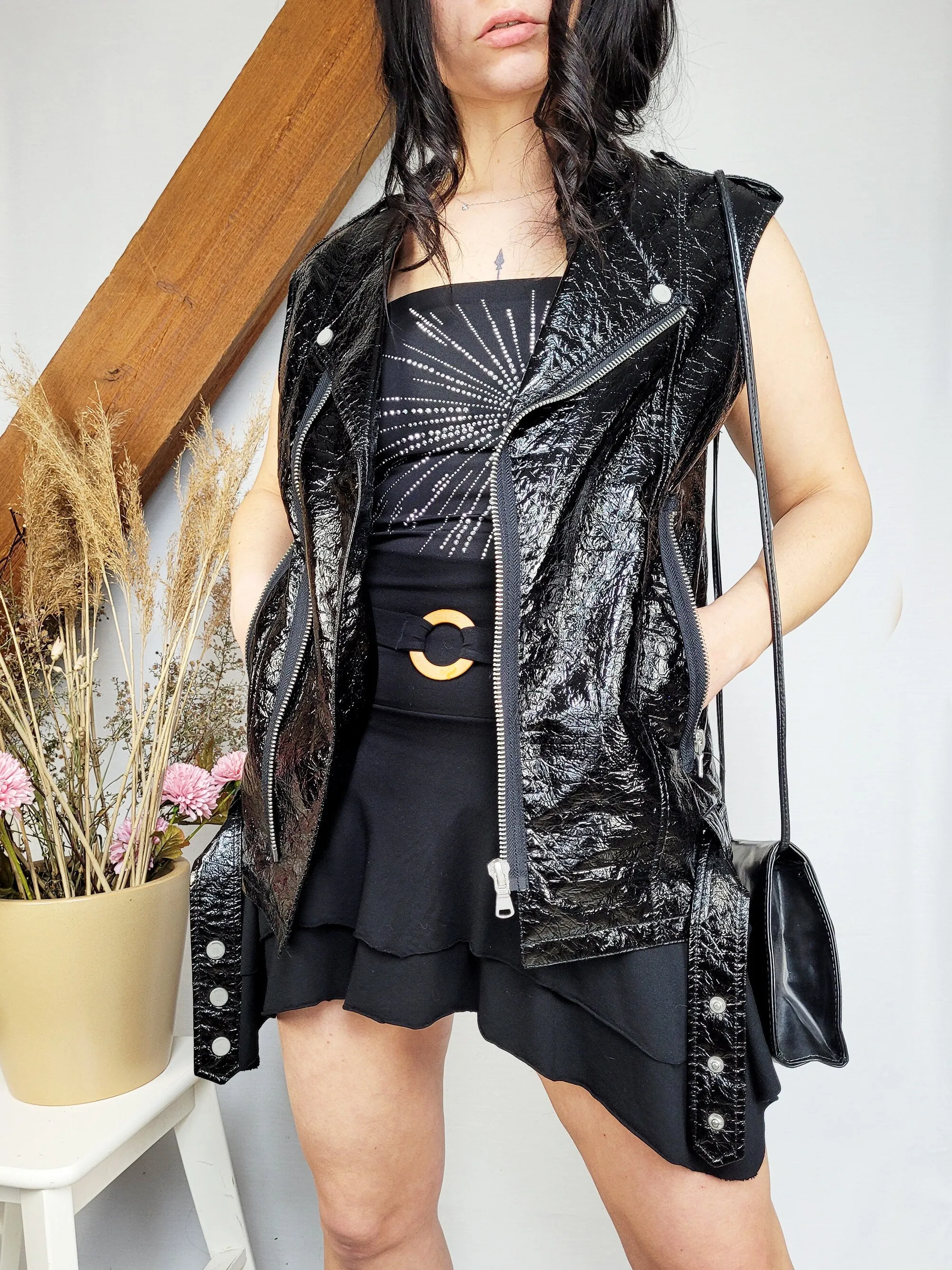Vintage Y2K 00s glossy PVC vest gilet with zipper