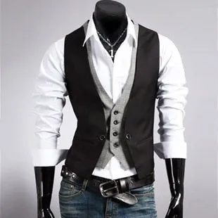 Voguable Fake Two Piece Mens Suit Vest Slim Casual Business Gentlemen Men Waistcoat Groomman Wedding Mens Gilet Oversized Steampunk Vests