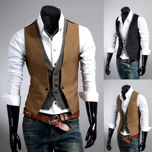 Voguable Fake Two Piece Mens Suit Vest Slim Casual Business Gentlemen Men Waistcoat Groomman Wedding Mens Gilet Oversized Steampunk Vests