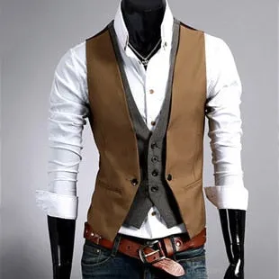 Voguable Fake Two Piece Mens Suit Vest Slim Casual Business Gentlemen Men Waistcoat Groomman Wedding Mens Gilet Oversized Steampunk Vests
