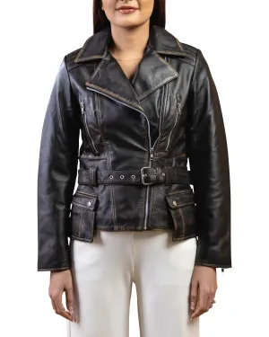 Woman Real Leather Biker Distress Vintage Jacket Soft Lambskin