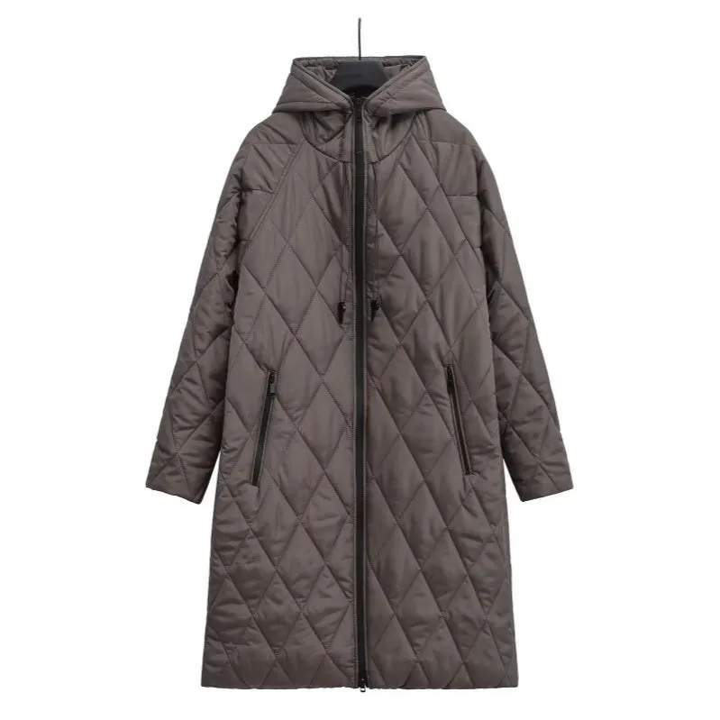 Women's Long Quilted Hooded Zip Up Coat