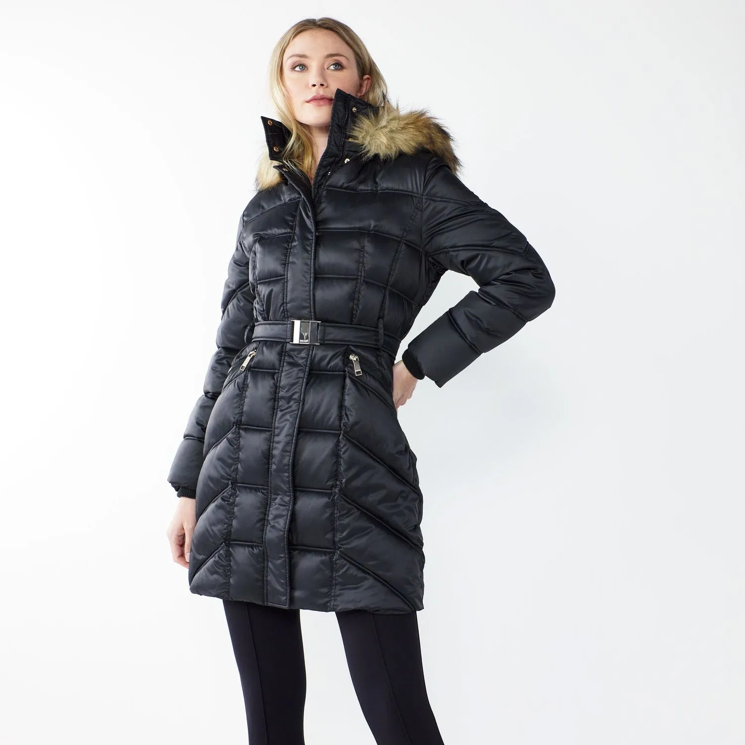 Women's Nine West Faux-Fur Hood Quilted Puffer Coat