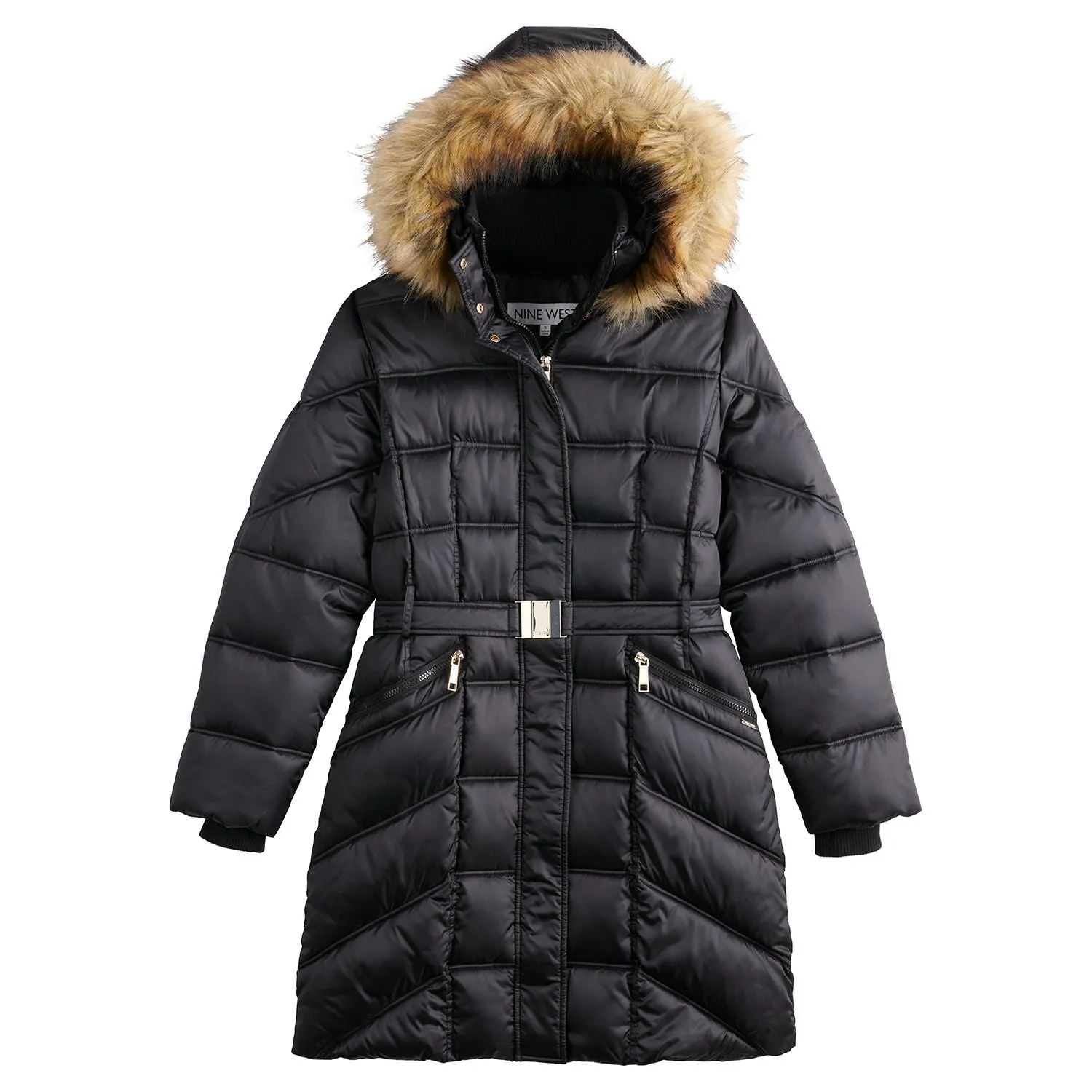 Women's Nine West Faux-Fur Hood Quilted Puffer Coat