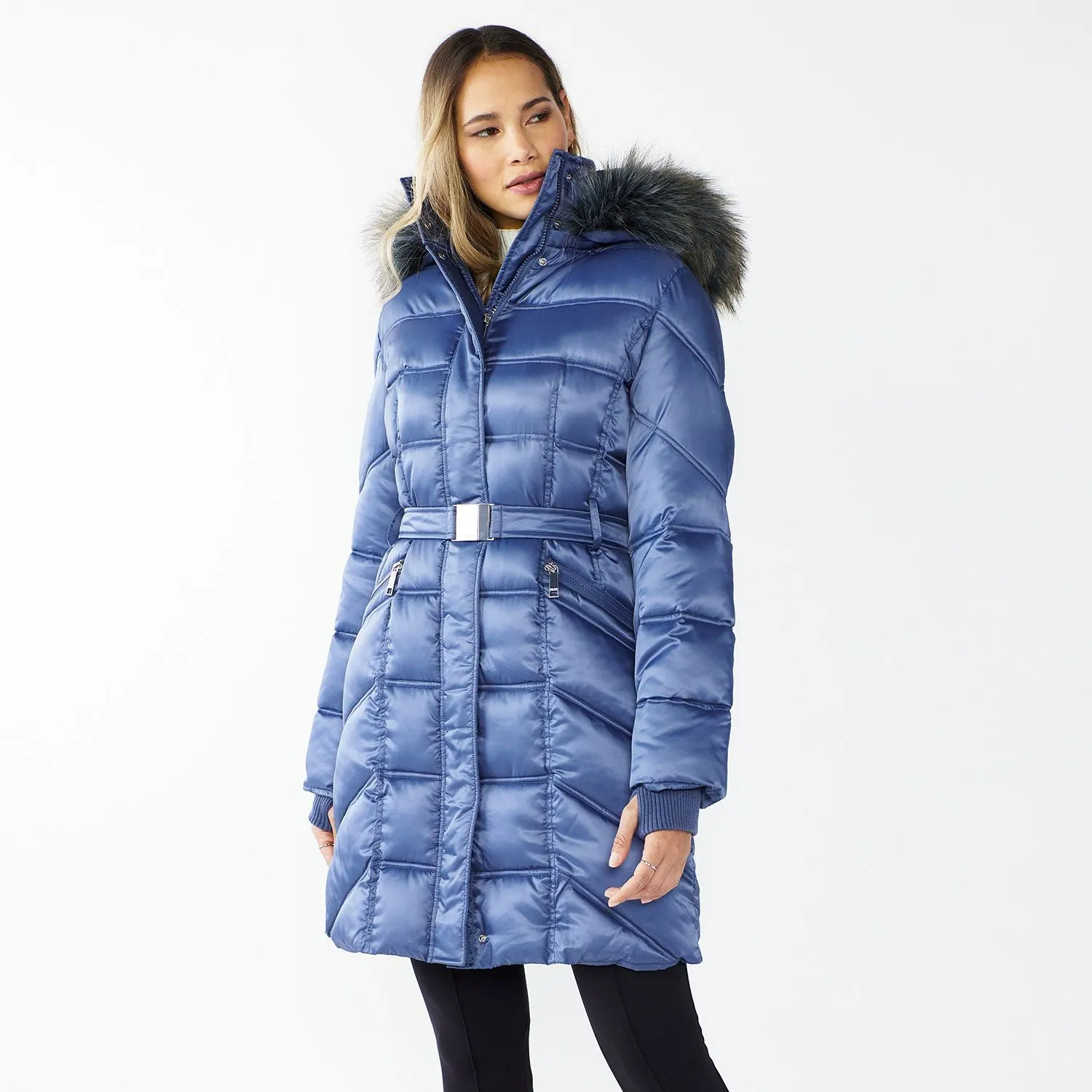 Women's Nine West Faux-Fur Hood Quilted Puffer Coat